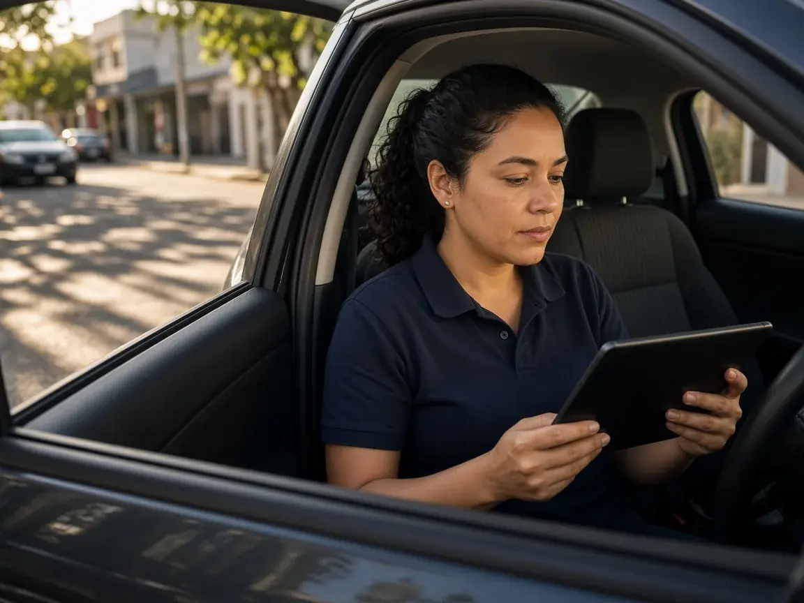 Condutora estudando o curso de reciclagem de CNH no tablet, no carro
